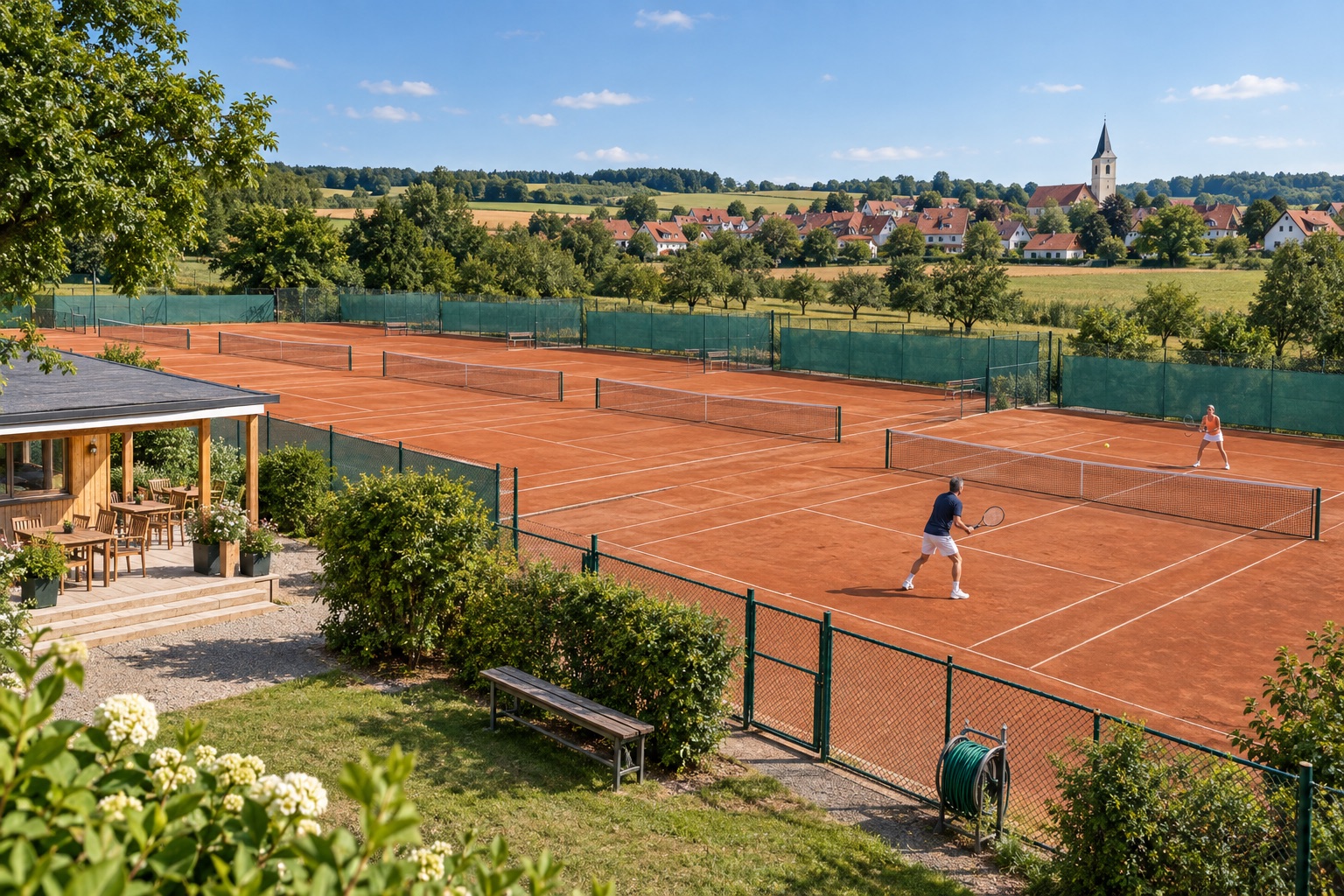 Die Anlage des TC Heimerdingen mit Sandplätzen, Clubhaus und Blick auf Heimerdingen