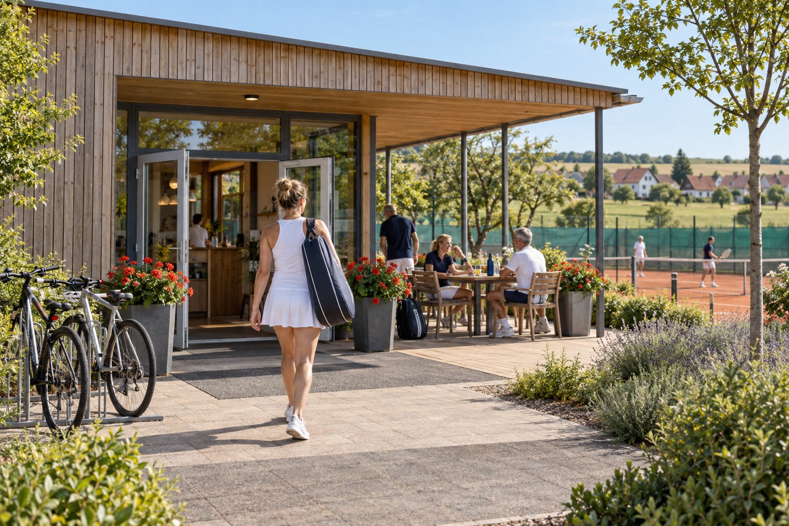 Spielerin auf dem Weg zum Clubhaus, auf der Terrasse sitzen Mitglieder