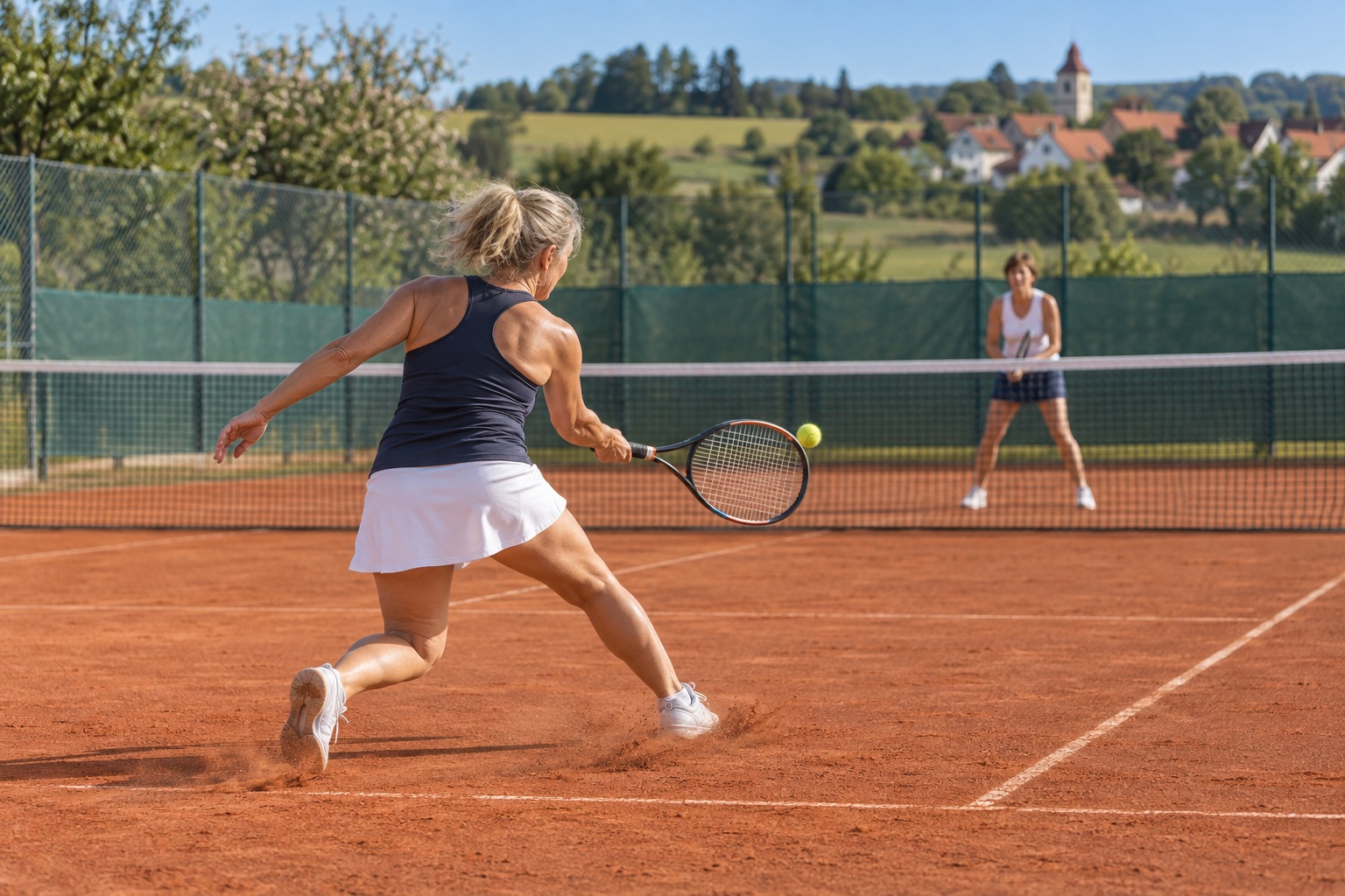 Zwei Spielerinnen im Einzel auf dem Sandplatz