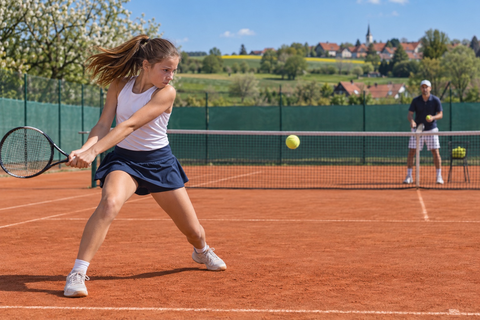 Jugendliche spielt eine beidhändige Rückhand im Training