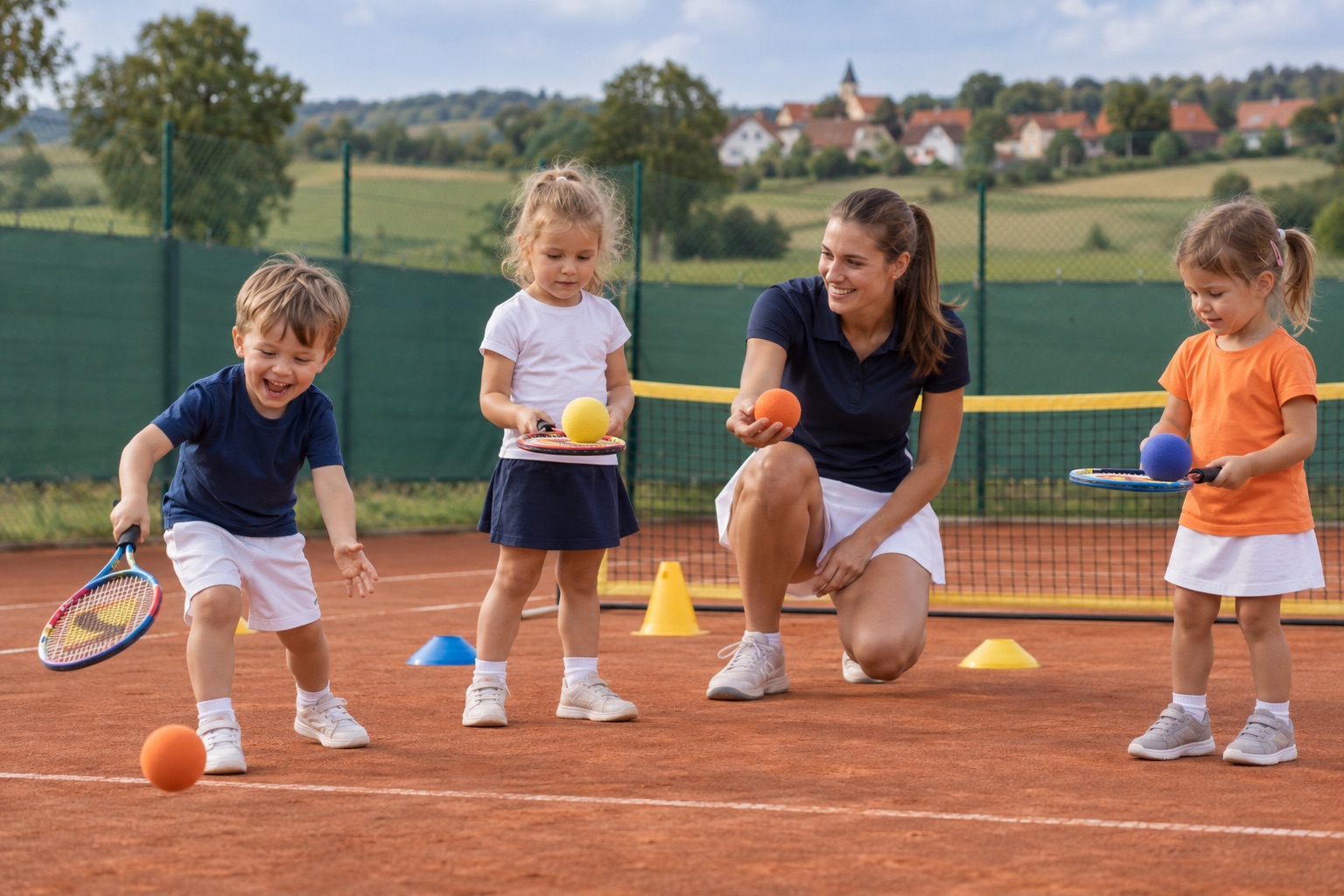 Kleine Kinder im Mini Club mit Softbällen und Trainerin